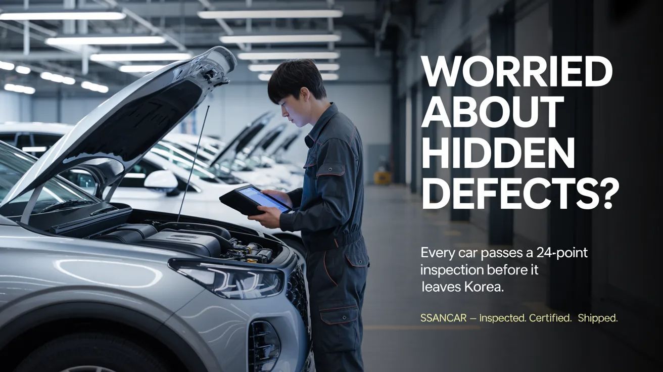 Worried about hidden defects? Every car passes a 24-point inspection before it leaves Korea.